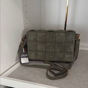 Italian leather Olive Green Woven Crossbody Bag